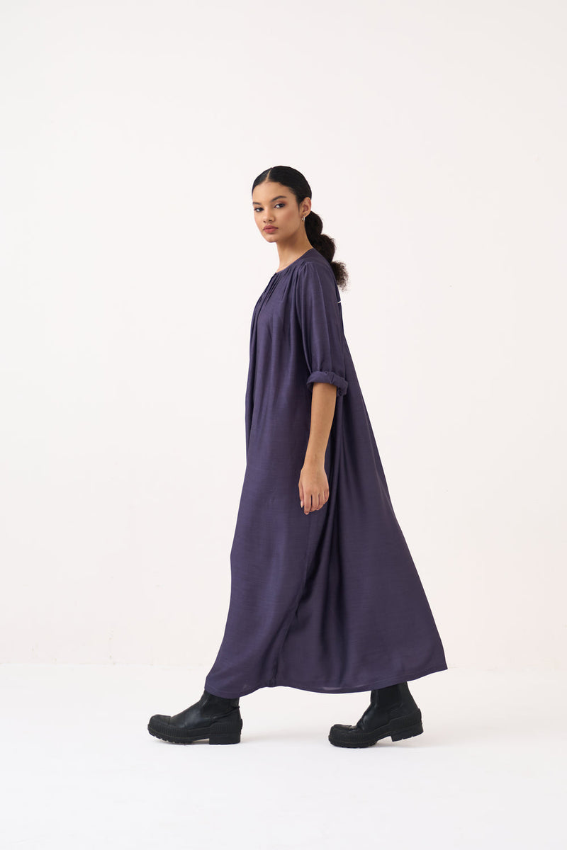 Gather Neck Dress-Ash Violet bemberg dress by THREE in voilet for women in Singapore