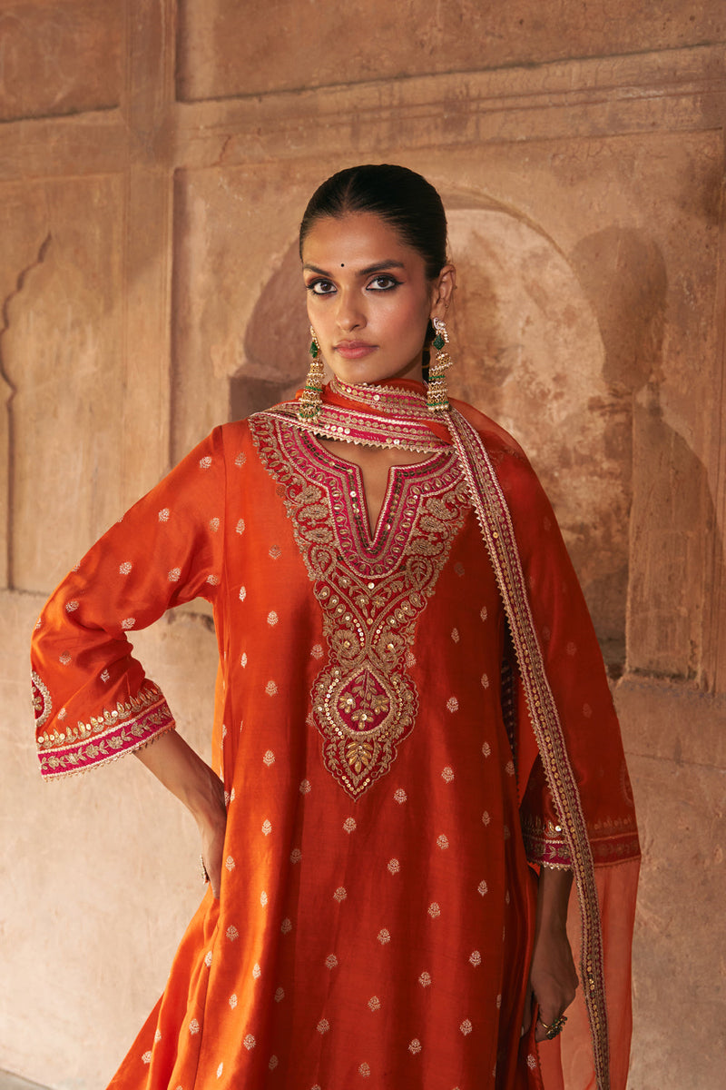 HAFSA - BURNT ORANGE CHAUGA WITH SALWAR chanderi silk kurta/kurta set by SHEETAL BATRA in orange for women in Singapore