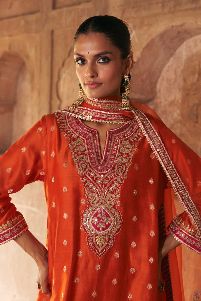HAFSA - BURNT ORANGE CHAUGA WITH SALWAR chanderi silk kurta/kurta set by SHEETAL BATRA in orange for women in Singapore