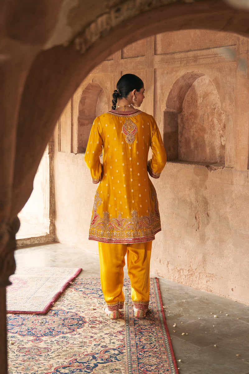 FARHANA - MUSTARD SHORT KURTA WITH SALWAR AND DUPATTA chanderi silk kurta/kurta set by SHEETAL BATRA in mustard for women in Singapore