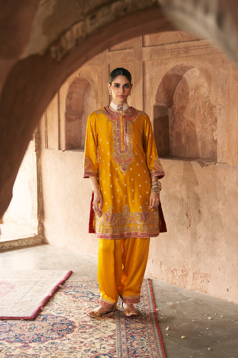 FARHANA - MUSTARD SHORT KURTA WITH SALWAR AND DUPATTA chanderi silk kurta/kurta set by SHEETAL BATRA in mustard for women in Singapore