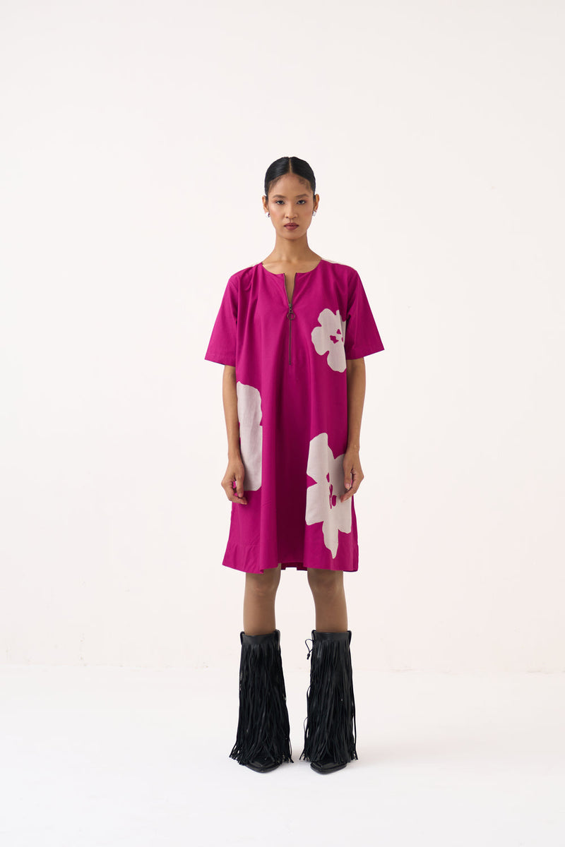 Floral Applique Wide Hem Dress-Bright Berry poplin dress by THREE in pink for women in Singapore