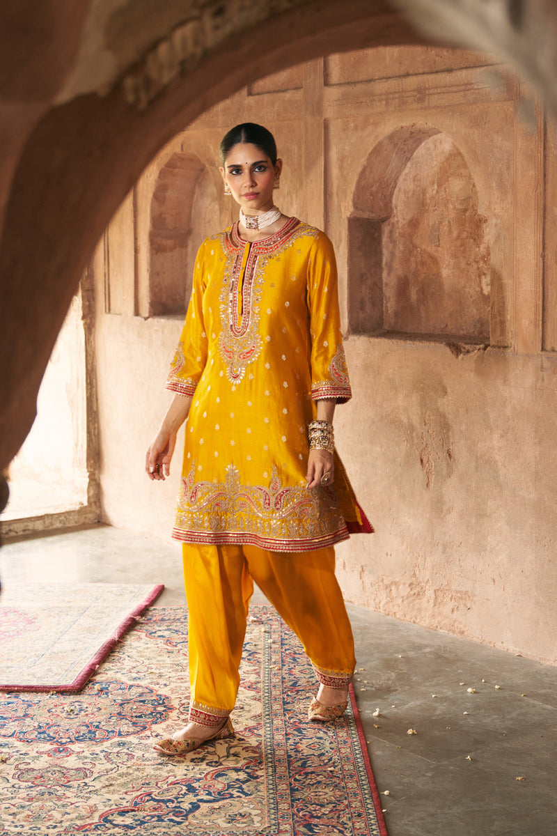 FARHANA - MUSTARD SHORT KURTA WITH SALWAR AND DUPATTA chanderi silk kurta/kurta set by SHEETAL BATRA in mustard for women in Singapore