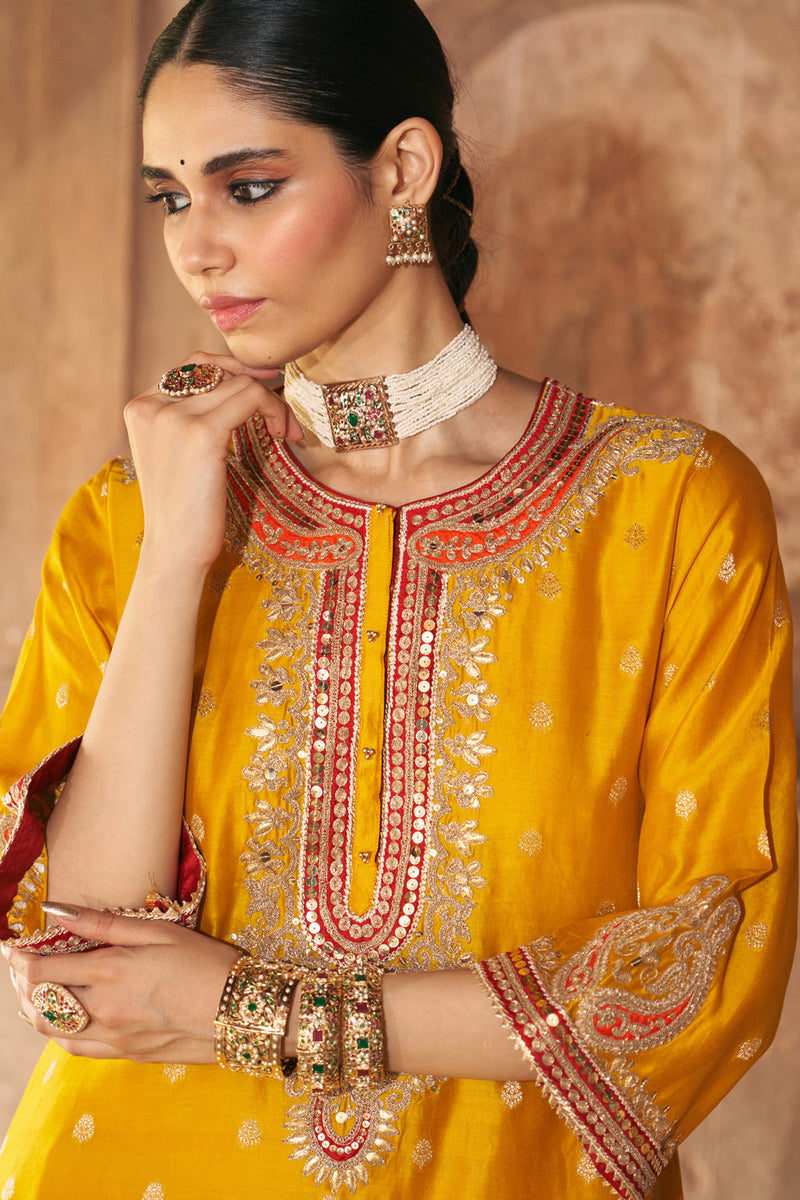 FARHANA - MUSTARD SHORT KURTA WITH SALWAR AND DUPATTA chanderi silk kurta/kurta set by SHEETAL BATRA in mustard for women in Singapore