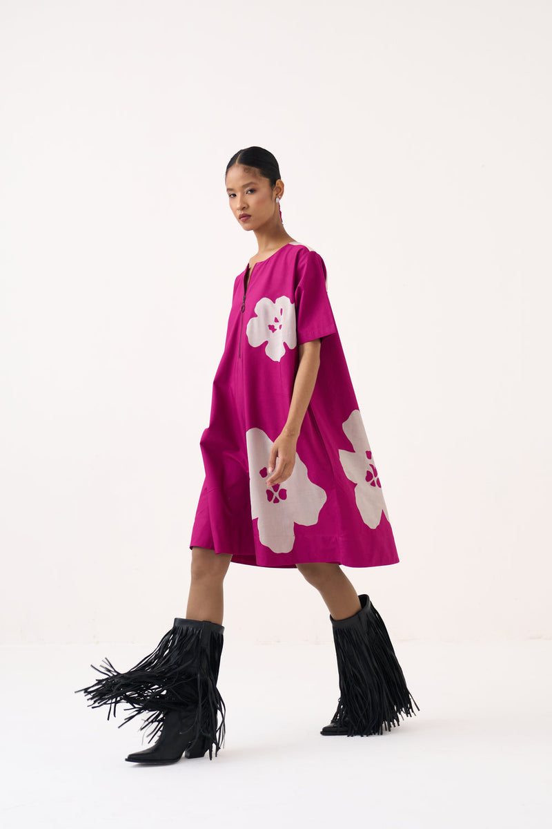 Floral Applique Wide Hem Dress-Bright Berry poplin dress by THREE in pink for women in Singapore