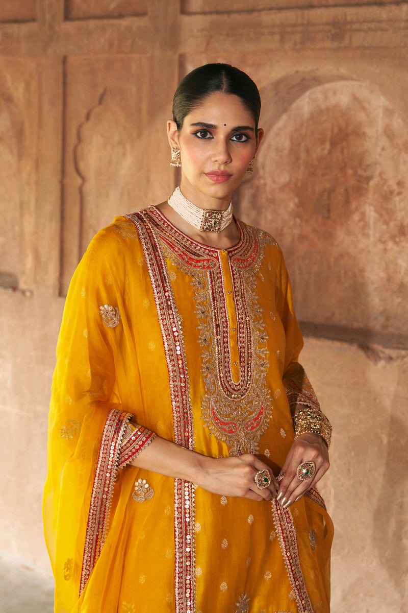 FARHANA - MUSTARD SHORT KURTA WITH SALWAR AND DUPATTA chanderi silk kurta/kurta set by SHEETAL BATRA in mustard for women in Singapore