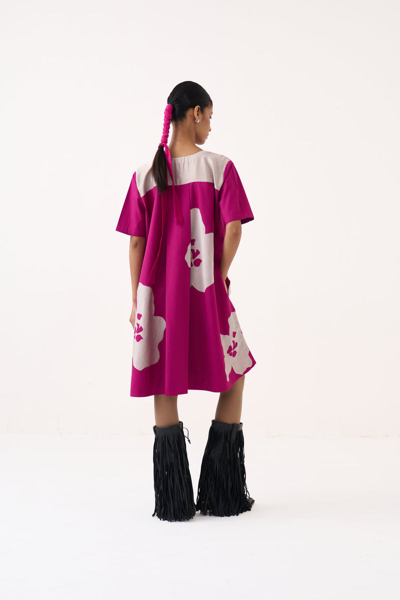 Floral Applique Wide Hem Dress-Bright Berry poplin dress by THREE in pink for women in Singapore