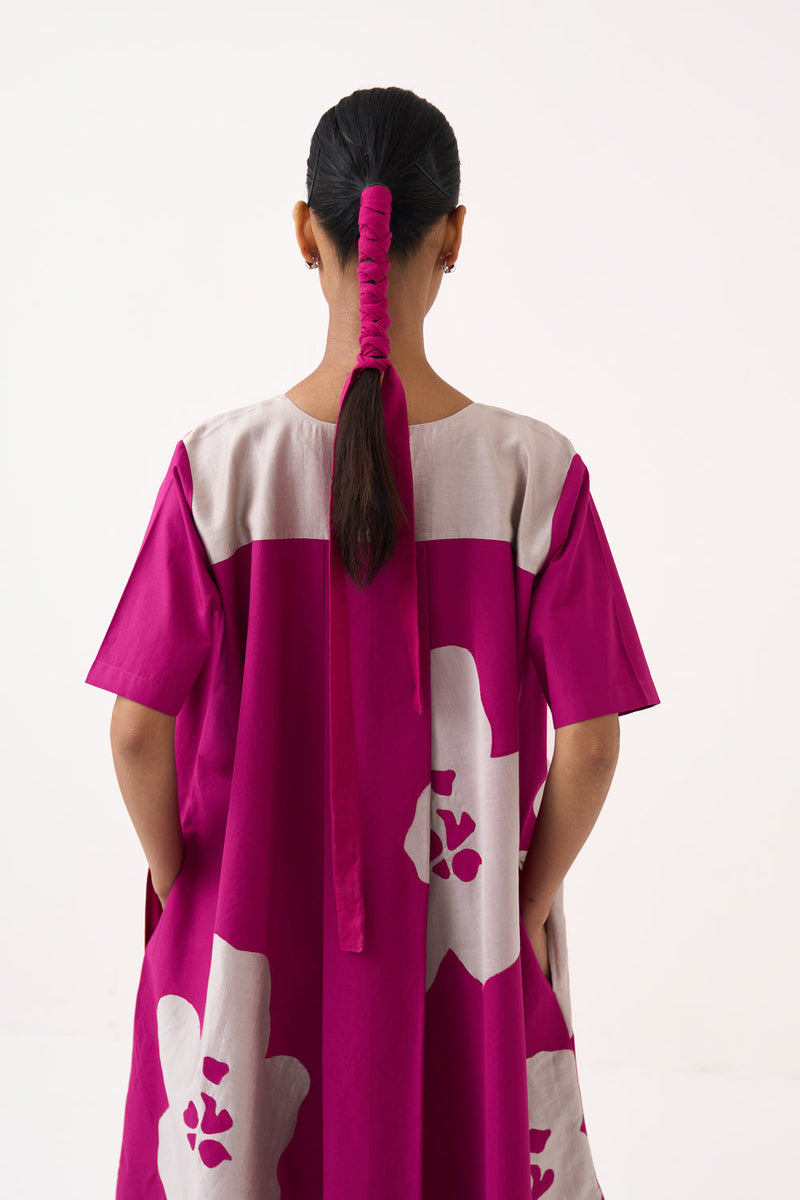 Floral Applique Wide Hem Dress-Bright Berry poplin dress by THREE in pink for women in Singapore