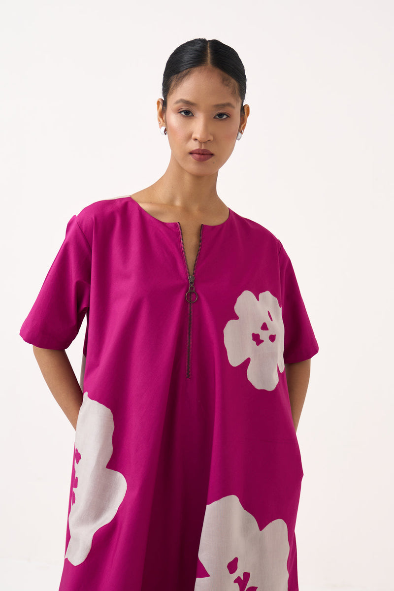 Floral Applique Wide Hem Dress-Bright Berry poplin dress by THREE in pink for women in Singapore