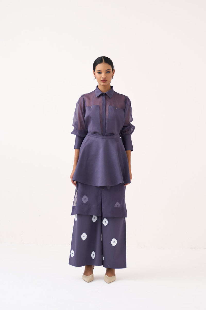 Beaded Collar Sheer Shirt Co-Ord-Ash Violet poplin, organza co-ord set by THREE in voilet for women in Singapore