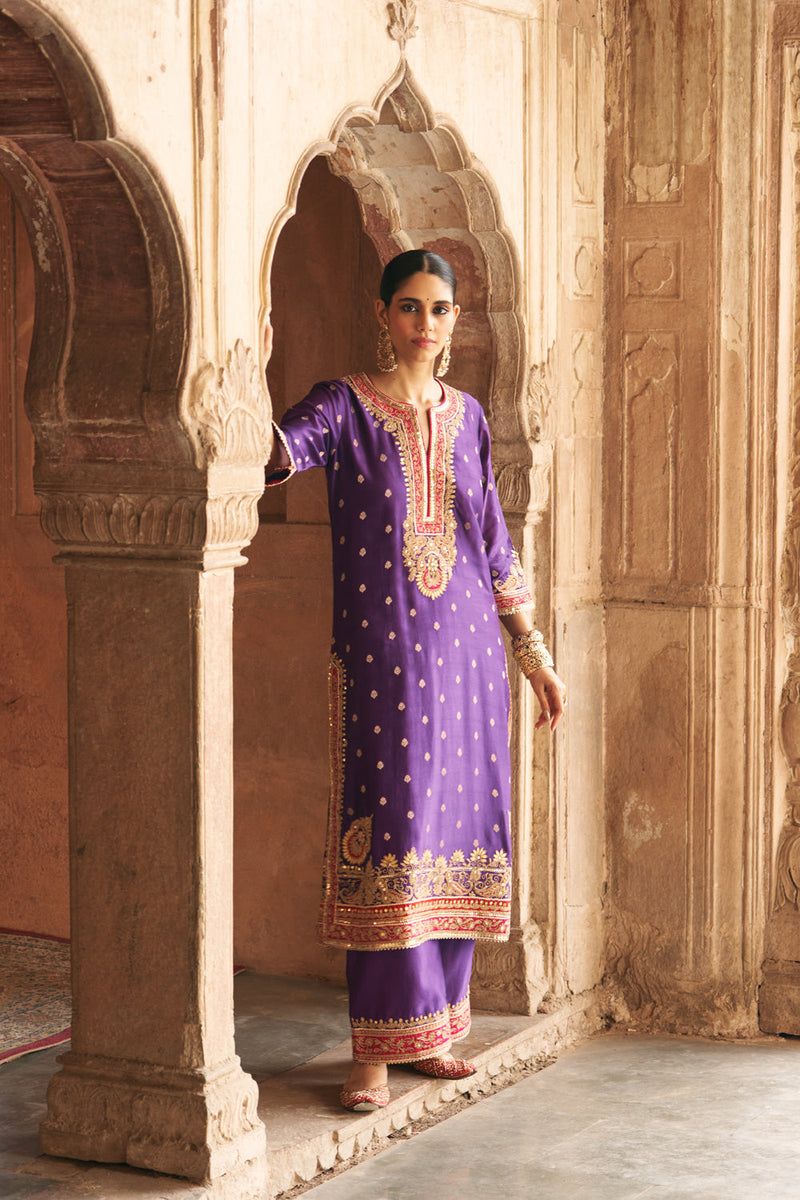 SOBIA - DEEP PURPLE LONG KURTA WITH PALAZZO AND DUPATTA silk chanderi kurta/kurta set by SHEETAL BATRA in purple for women in Singapore