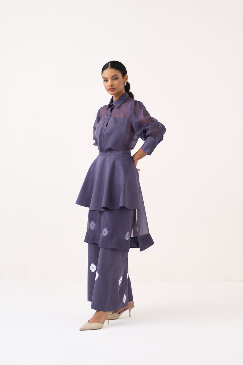 Beaded Collar Sheer Shirt Co-Ord-Ash Violet poplin, organza co-ord set by THREE in voilet for women in Singapore