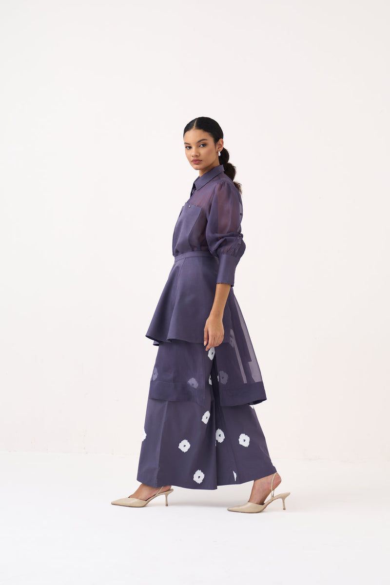 Beaded Collar Sheer Shirt Co-Ord-Ash Violet poplin, organza co-ord set by THREE in voilet for women in Singapore