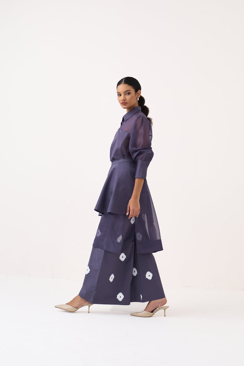 Beaded Collar Sheer Shirt Co-Ord-Ash Violet poplin, organza co-ord set by THREE in voilet for women in Singapore