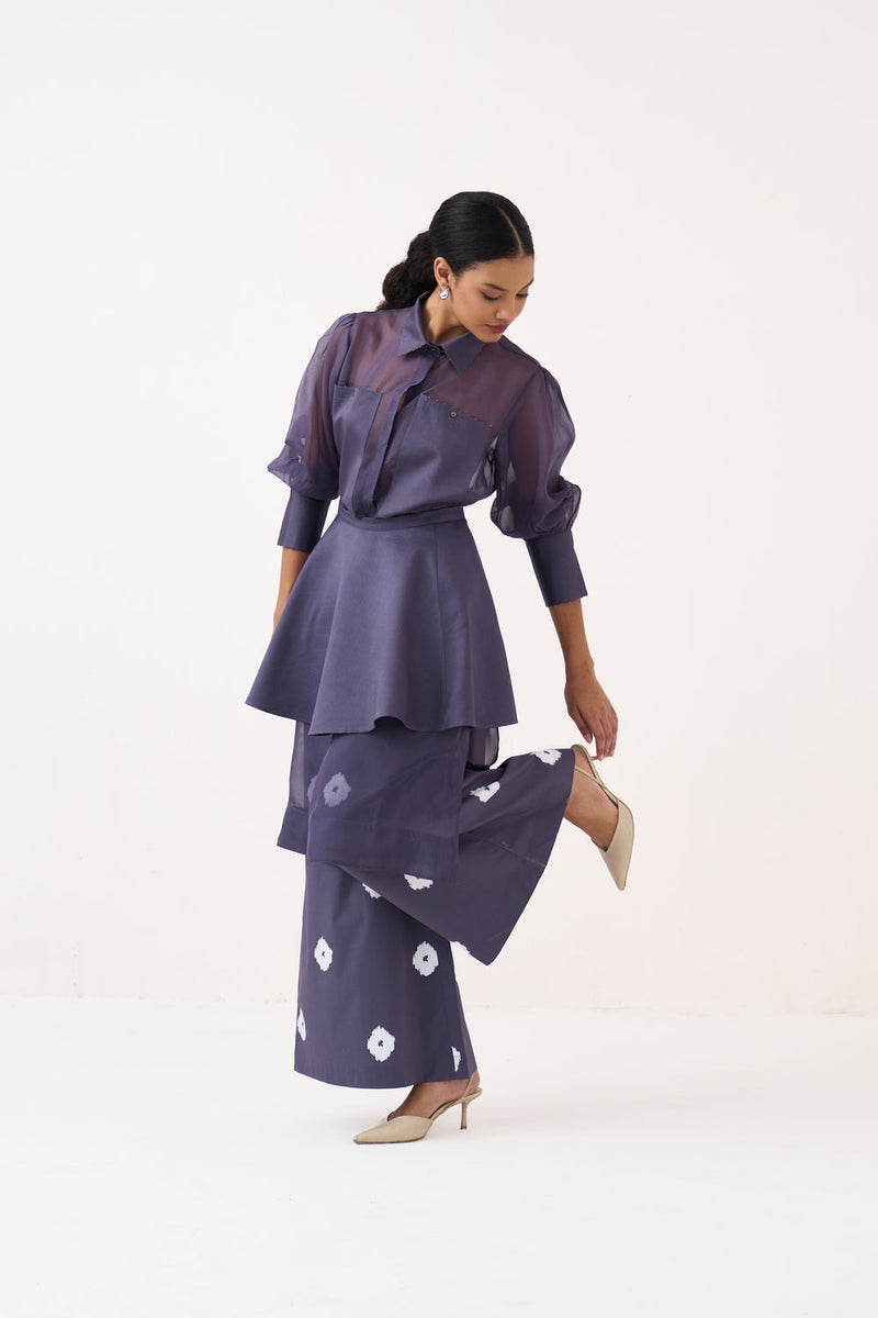 Beaded Collar Sheer Shirt Co-Ord-Ash Violet poplin, organza co-ord set by THREE in voilet for women in Singapore