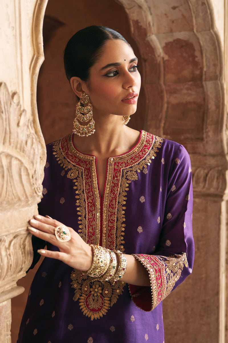 SOBIA - DEEP PURPLE LONG KURTA WITH PALAZZO AND DUPATTA silk chanderi kurta/kurta set by SHEETAL BATRA in purple for women in Singapore