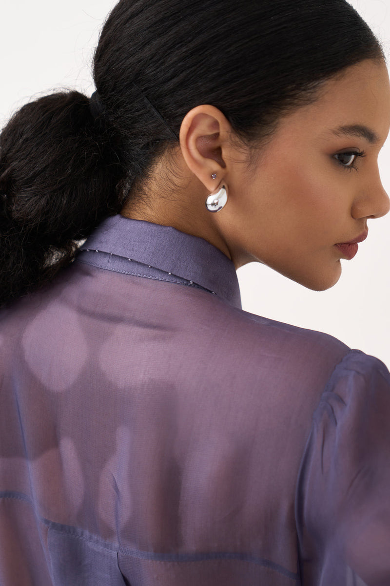 Beaded Collar Sheer Shirt Co-Ord-Ash Violet poplin, organza co-ord set by THREE in voilet for women in Singapore