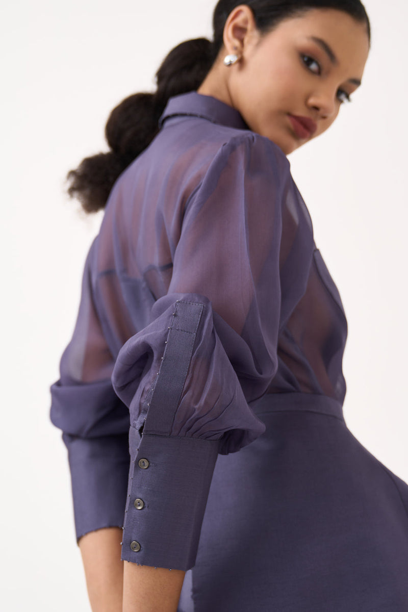 Beaded Collar Sheer Shirt Co-Ord-Ash Violet poplin, organza co-ord set by THREE in voilet for women in Singapore