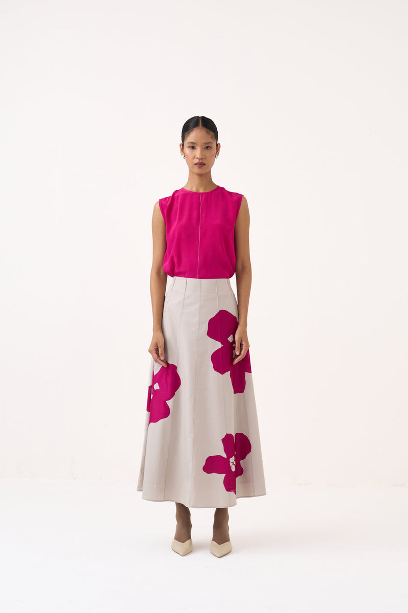 Floral Reverse Applique Skirt-Dove Grey 100% cotton poplin skirt by THREE in grey, pink for women in Singapore