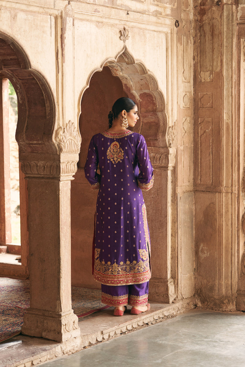 SOBIA - DEEP PURPLE LONG KURTA WITH PALAZZO AND DUPATTA silk chanderi kurta/kurta set by SHEETAL BATRA in purple for women in Singapore