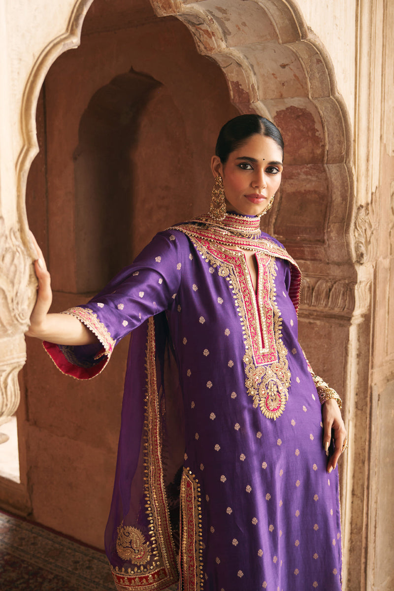 SOBIA - DEEP PURPLE LONG KURTA WITH PALAZZO AND DUPATTA silk chanderi kurta/kurta set by SHEETAL BATRA in purple for women in Singapore