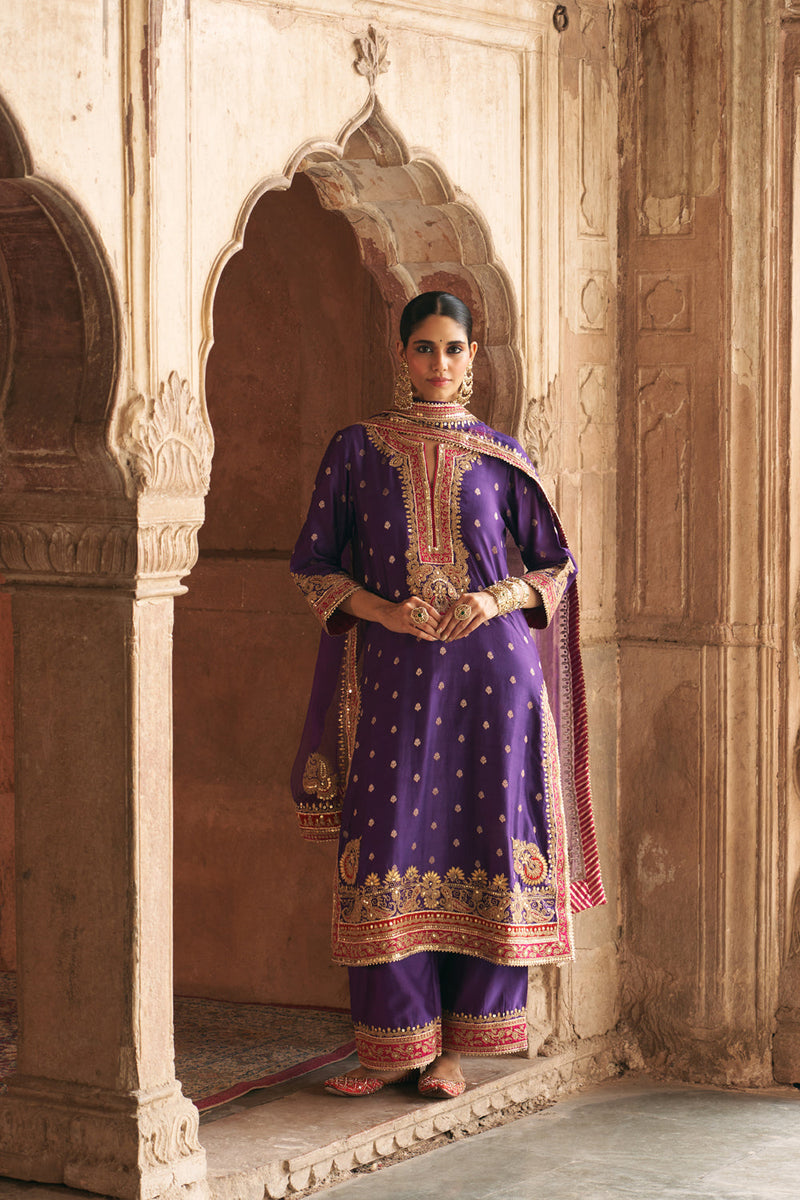SOBIA - DEEP PURPLE LONG KURTA WITH PALAZZO AND DUPATTA silk chanderi kurta/kurta set by SHEETAL BATRA in purple for women in Singapore