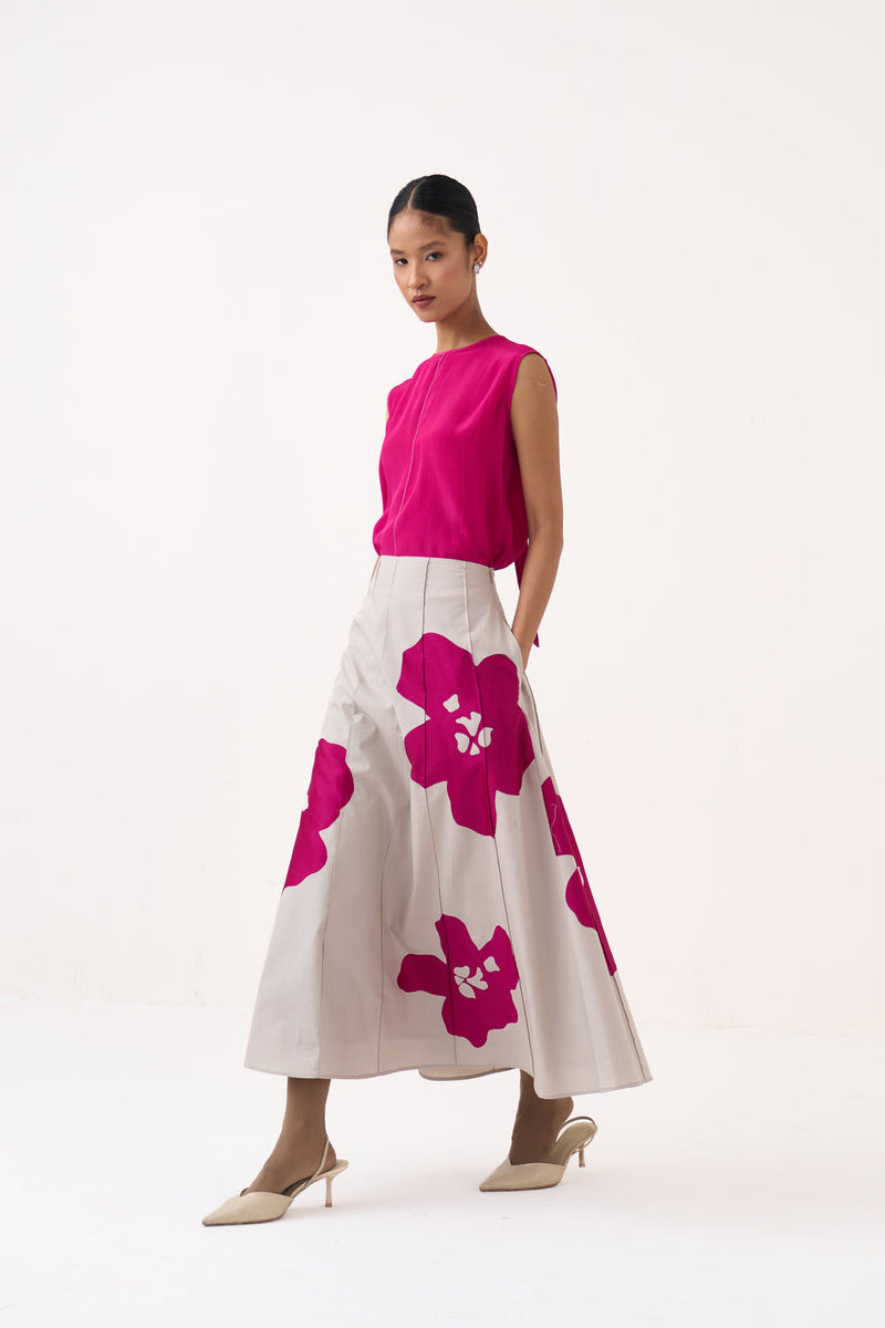 Floral Reverse Applique Skirt-Dove Grey 100% cotton poplin skirt by THREE in grey, pink for women in Singapore