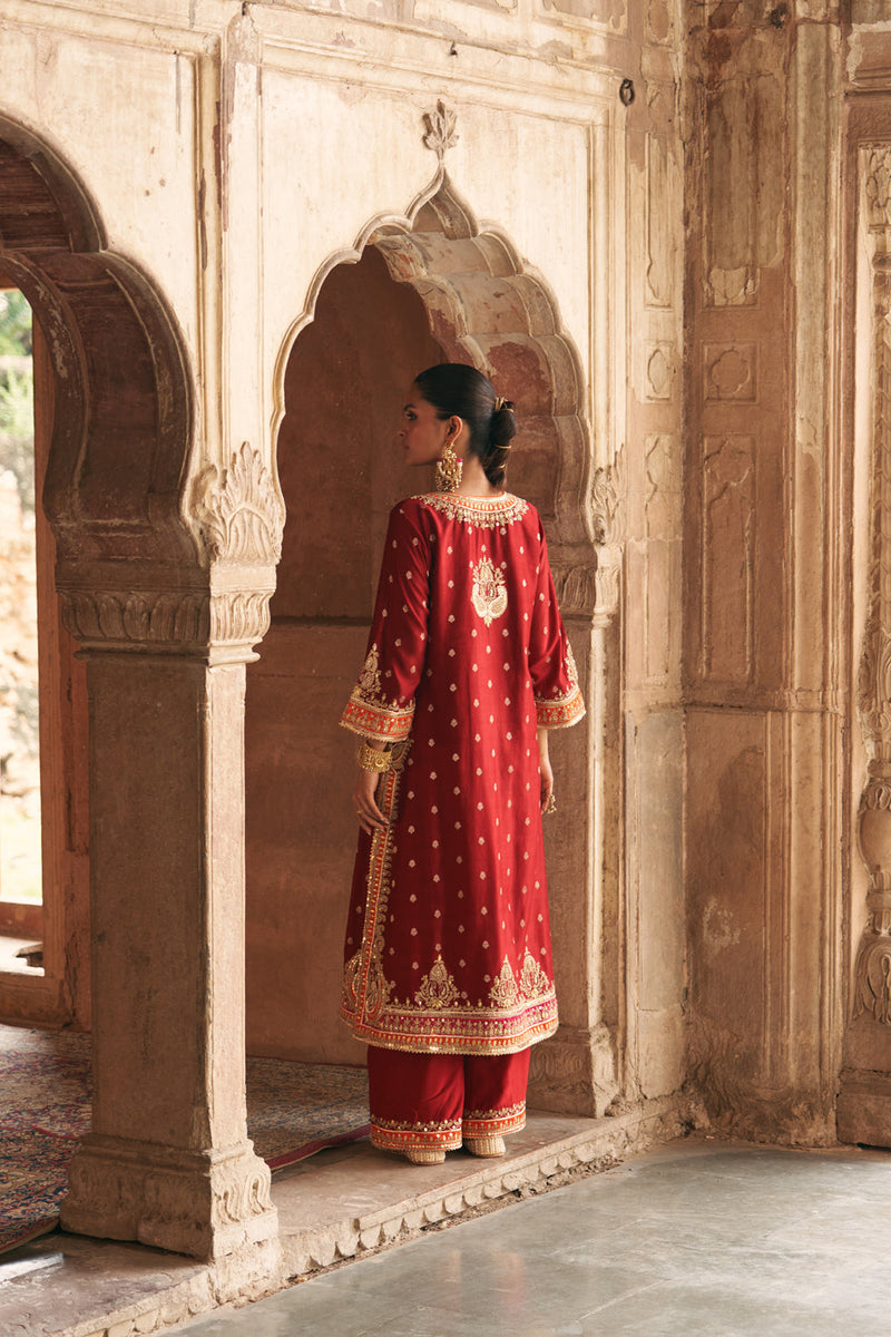 SUMAIRA - DEEP RED LONG KURTA WITH PALAZZO AND DUPATTA silk chanderi kurta/kurta set by SHEETAL BATRA in red for women in Singapore