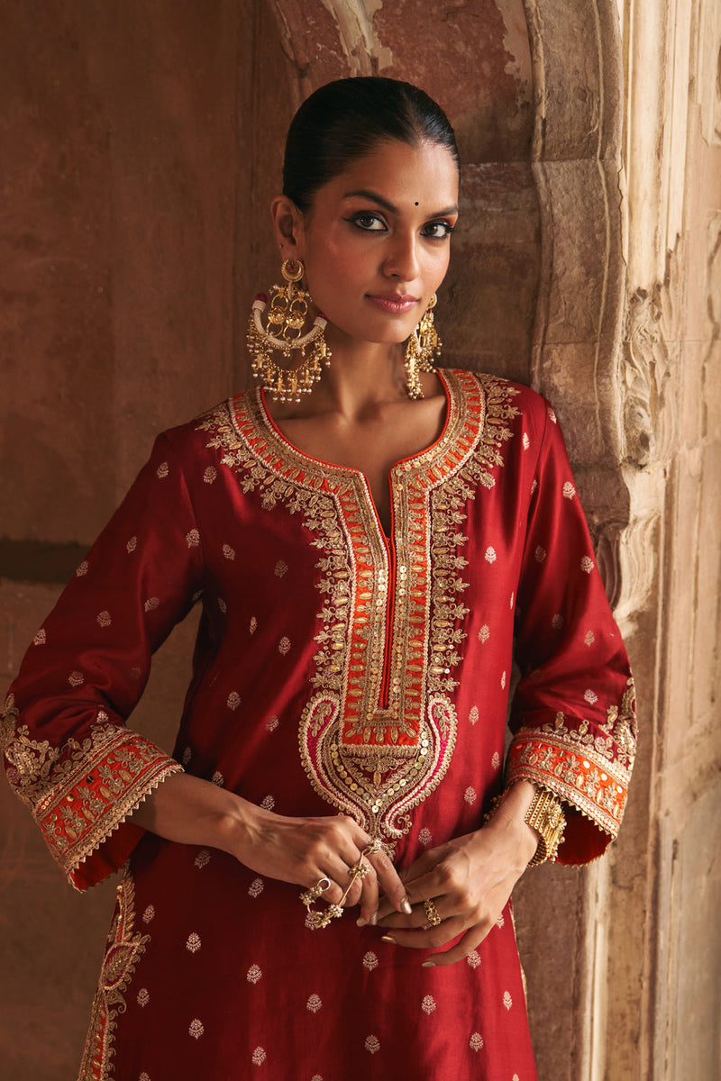 SUMAIRA - DEEP RED LONG KURTA WITH PALAZZO AND DUPATTA silk chanderi kurta/kurta set by SHEETAL BATRA in red for women in Singapore