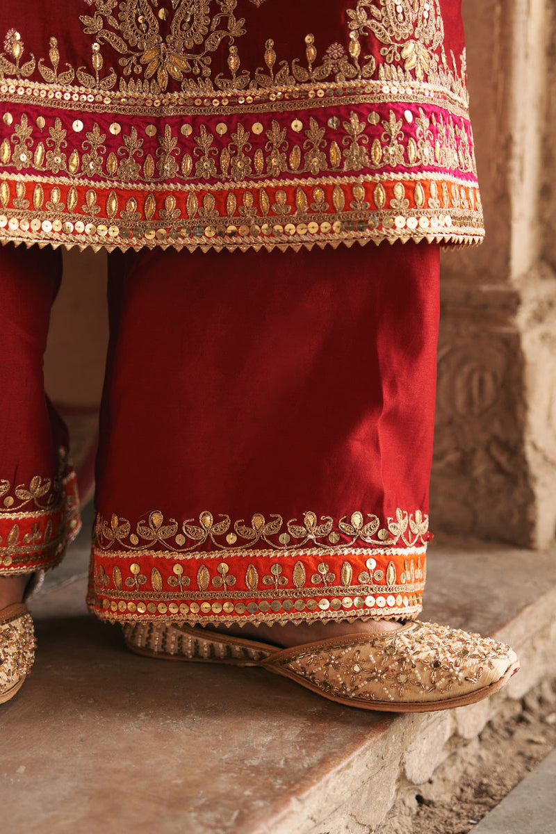 SUMAIRA - DEEP RED LONG KURTA WITH PALAZZO AND DUPATTA silk chanderi kurta/kurta set by SHEETAL BATRA in red for women in Singapore