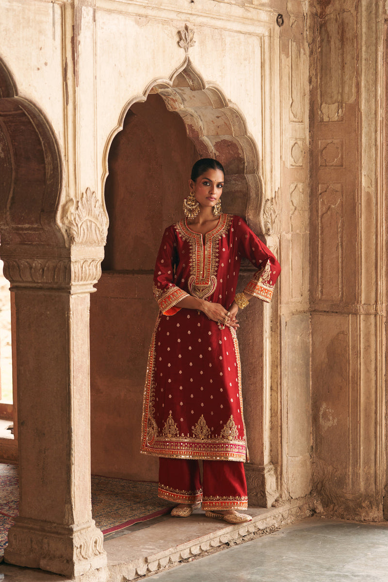 SUMAIRA - DEEP RED LONG KURTA WITH PALAZZO AND DUPATTA silk chanderi kurta/kurta set by SHEETAL BATRA in red for women in Singapore