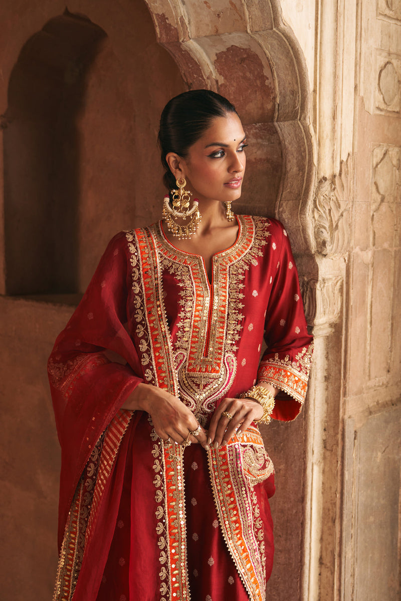 SUMAIRA - DEEP RED LONG KURTA WITH PALAZZO AND DUPATTA silk chanderi kurta/kurta set by SHEETAL BATRA in red for women in Singapore