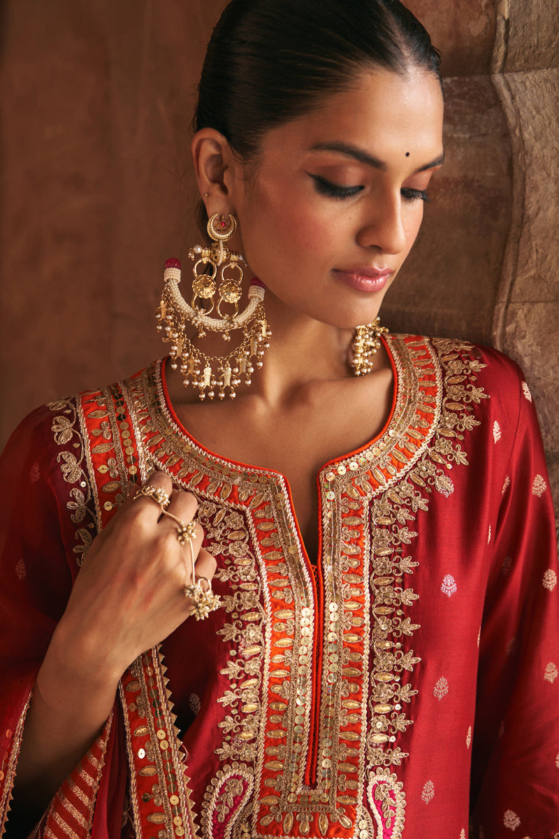 SUMAIRA - DEEP RED LONG KURTA WITH PALAZZO AND DUPATTA silk chanderi kurta/kurta set by SHEETAL BATRA in red for women in Singapore