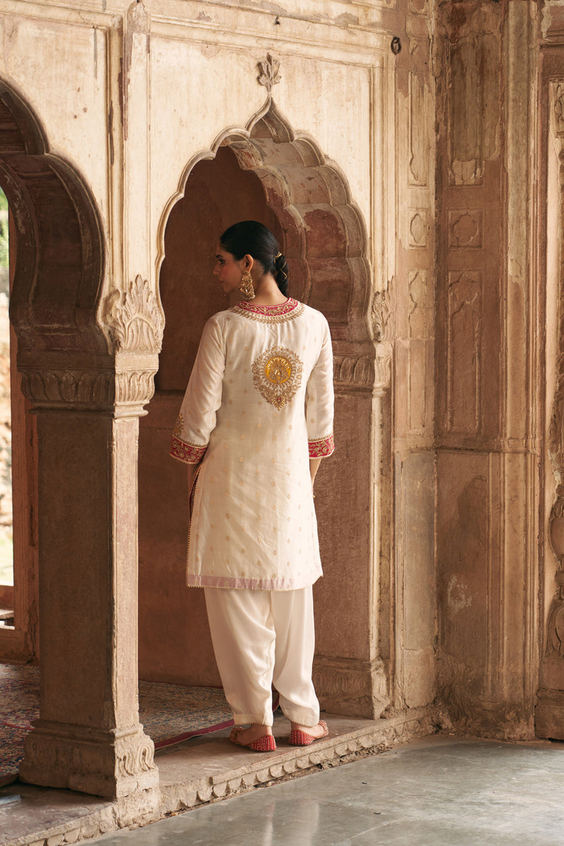 ANILA - DAISY IVORY SHORT KURTA WITH SALWAR chanderi silk kurta/kurta set by SHEETAL BATRA in ivory for women in Singapore