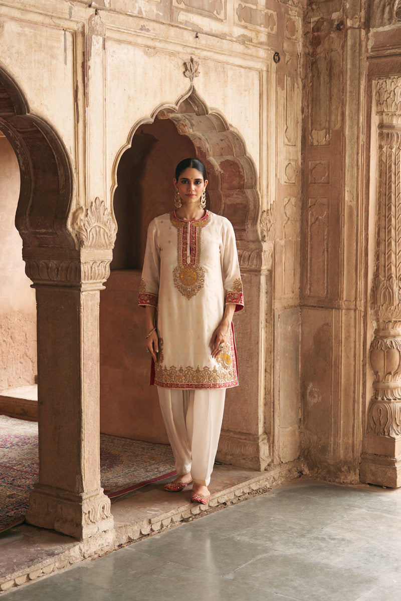 ANILA - DAISY IVORY SHORT KURTA WITH SALWAR chanderi silk kurta/kurta set by SHEETAL BATRA in ivory for women in Singapore