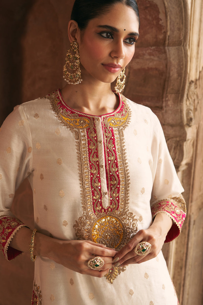 ANILA - DAISY IVORY SHORT KURTA WITH SALWAR chanderi silk kurta/kurta set by SHEETAL BATRA in ivory for women in Singapore