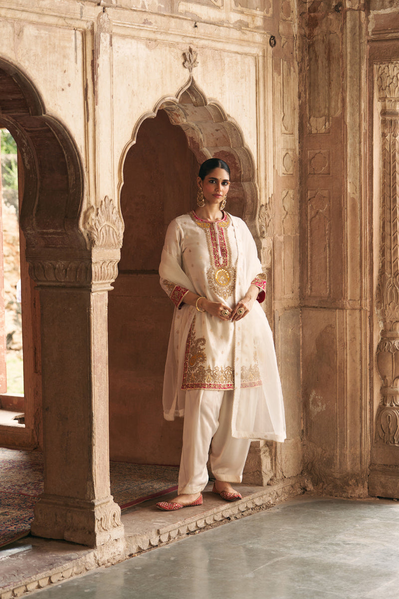 ANILA - DAISY IVORY SHORT KURTA WITH SALWAR chanderi silk kurta/kurta set by SHEETAL BATRA in ivory for women in Singapore