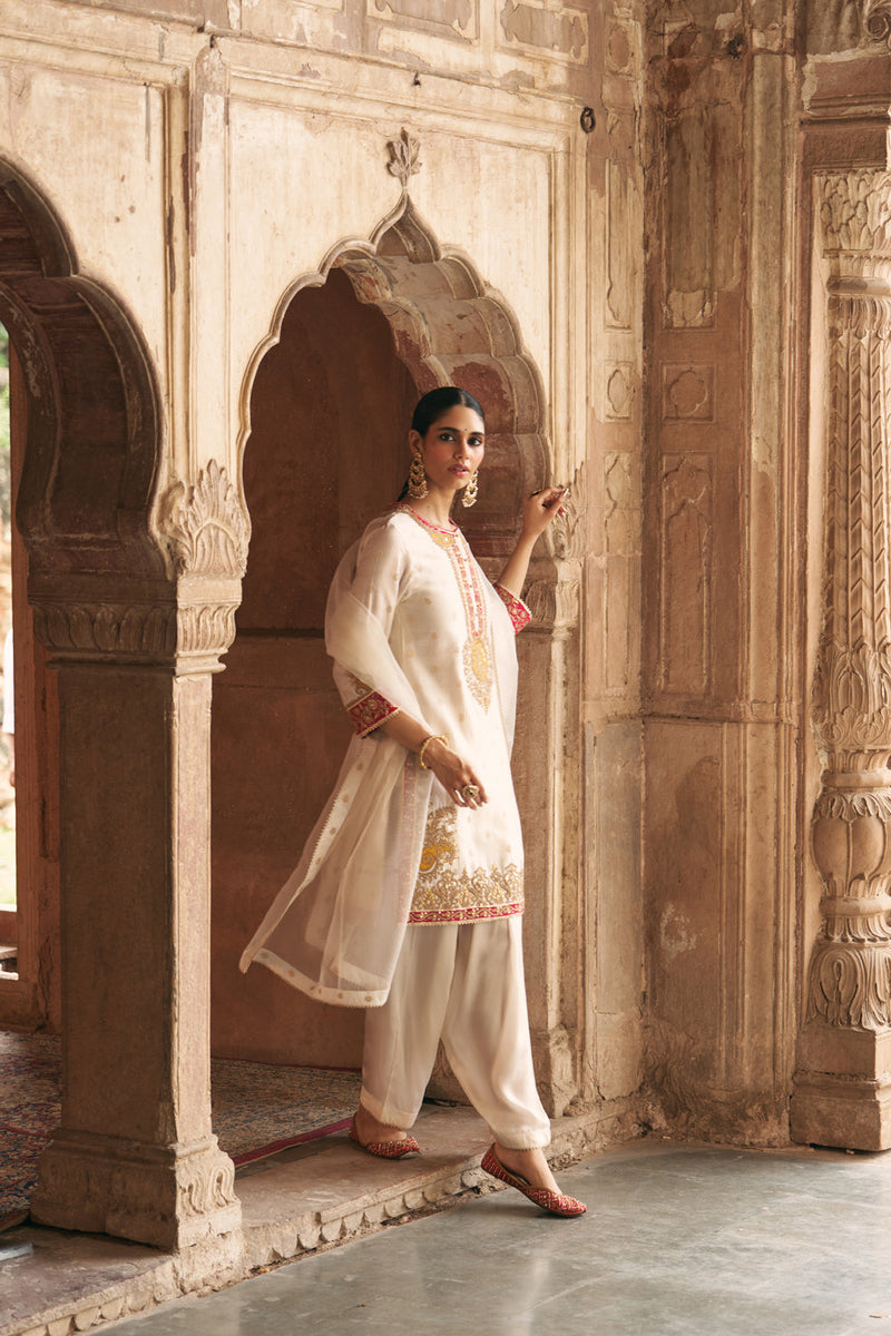 ANILA - DAISY IVORY SHORT KURTA WITH SALWAR chanderi silk kurta/kurta set by SHEETAL BATRA in ivory for women in Singapore