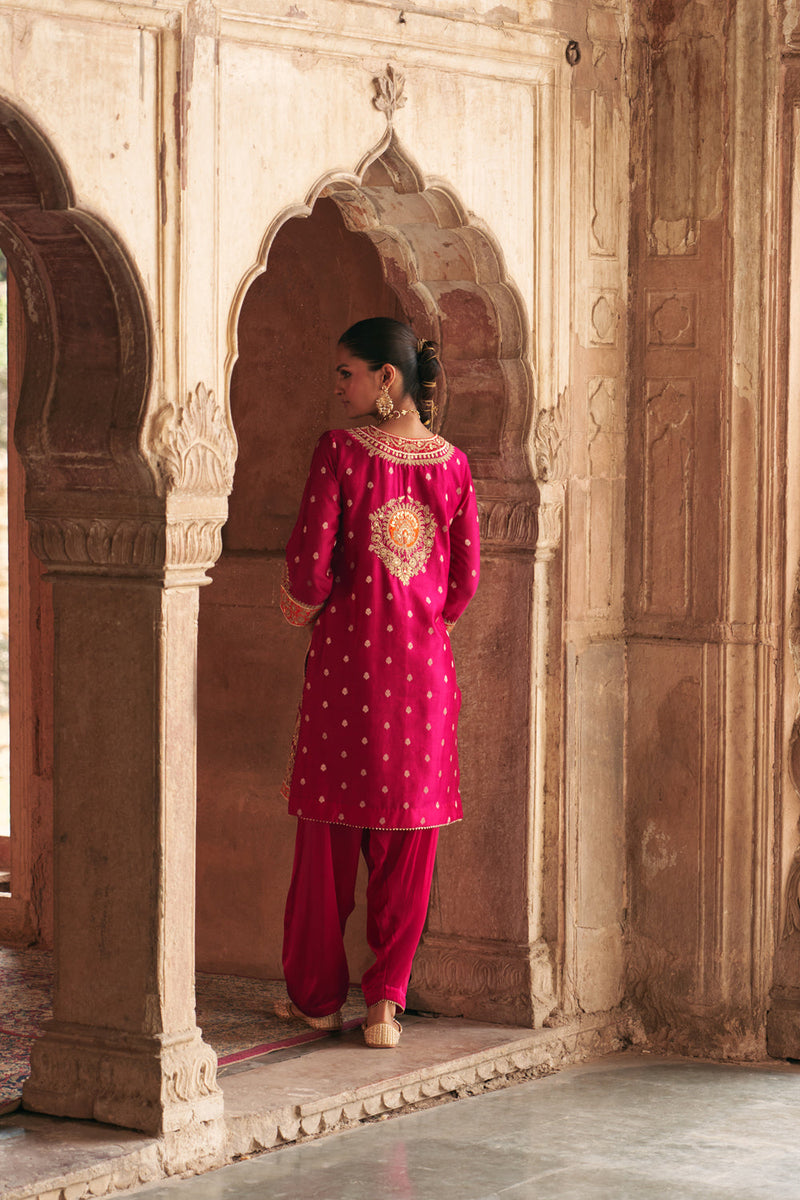 ANILA - HOTPINK SHORT KURTA WITH SALWAR chanderi silk kurta/kurta set by SHEETAL BATRA in pink for women in Singapore