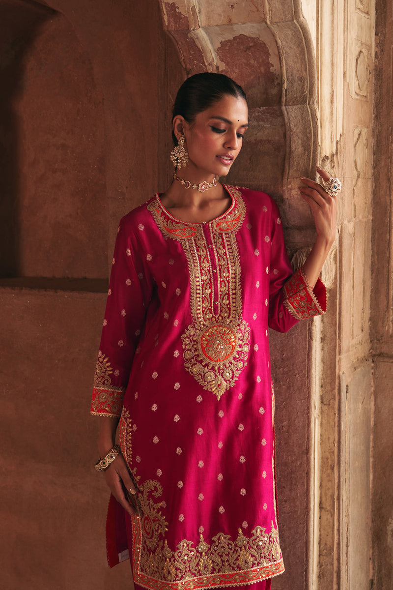 ANILA - HOTPINK SHORT KURTA WITH SALWAR chanderi silk kurta/kurta set by SHEETAL BATRA in pink for women in Singapore