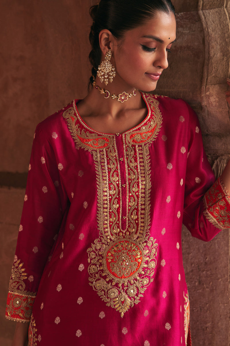 ANILA - HOTPINK SHORT KURTA WITH SALWAR chanderi silk kurta/kurta set by SHEETAL BATRA in pink for women in Singapore