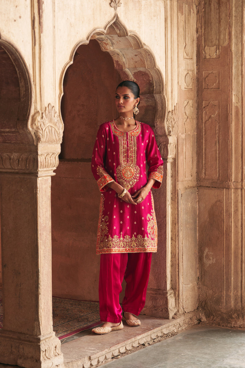 ANILA - HOTPINK SHORT KURTA WITH SALWAR chanderi silk kurta/kurta set by SHEETAL BATRA in pink for women in Singapore