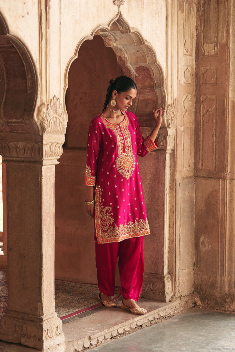 ANILA - HOTPINK SHORT KURTA WITH SALWAR chanderi silk kurta/kurta set by SHEETAL BATRA in pink for women in Singapore