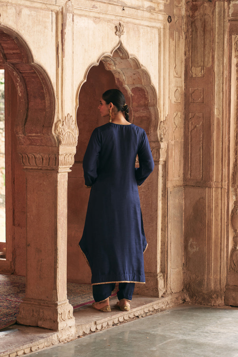 Amaya-Long Kaftan With Salwar-Deep Blue upada silk kurta/kurta set by SHEETAL BATRA in blue for women in Singapore
