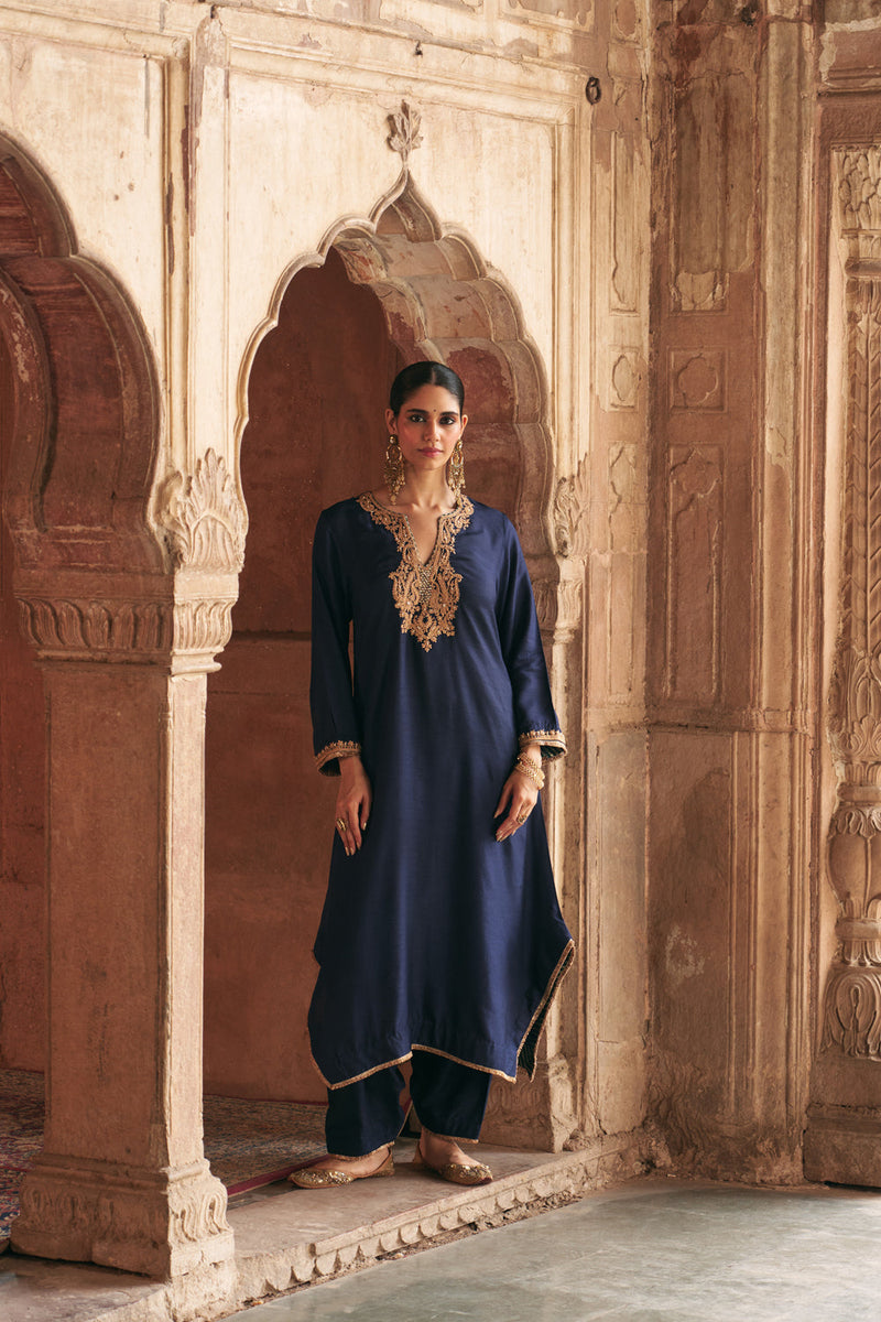 Amaya-Long Kaftan With Salwar-Deep Blue upada silk kurta/kurta set by SHEETAL BATRA in blue for women in Singapore