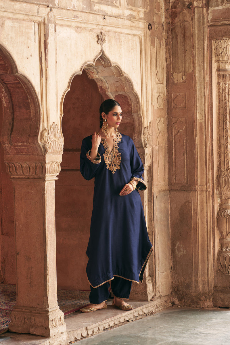 Amaya-Long Kaftan With Salwar-Deep Blue upada silk kurta/kurta set by SHEETAL BATRA in blue for women in Singapore