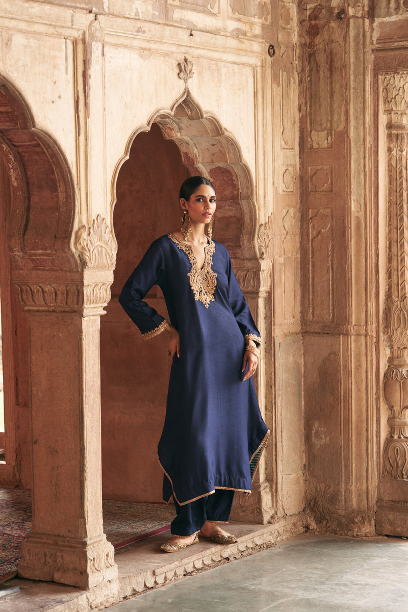 Amaya-Long Kaftan With Salwar-Deep Blue upada silk kurta/kurta set by SHEETAL BATRA in blue for women in Singapore