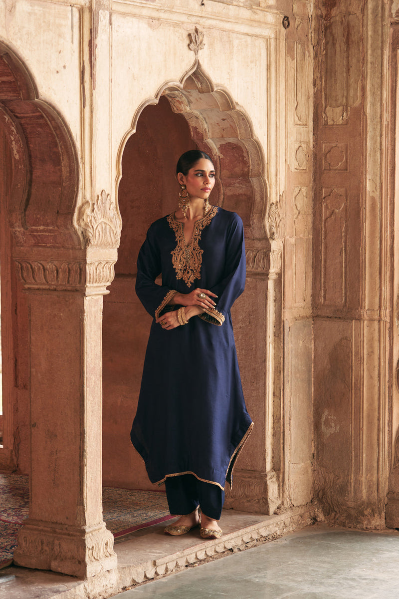 Amaya-Long Kaftan With Salwar-Deep Blue upada silk kurta/kurta set by SHEETAL BATRA in blue for women in Singapore