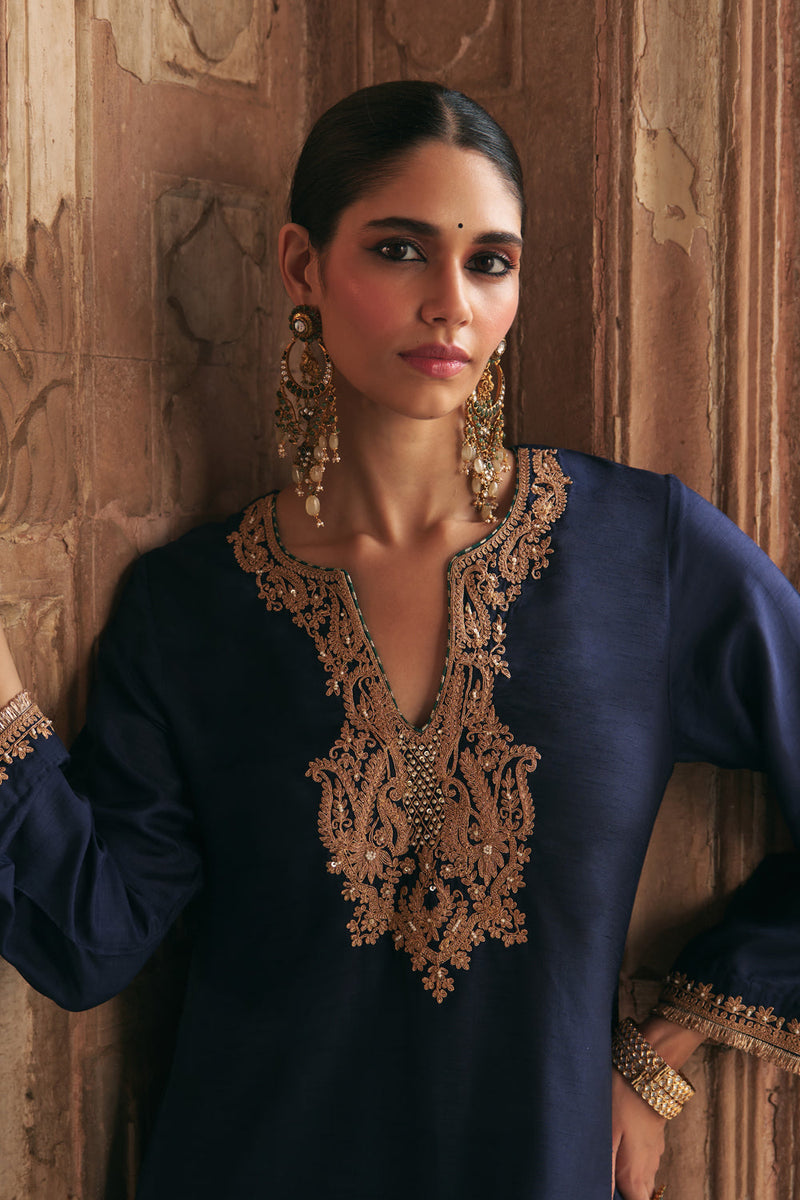 Amaya-Long Kaftan With Salwar-Deep Blue upada silk kurta/kurta set by SHEETAL BATRA in blue for women in Singapore
