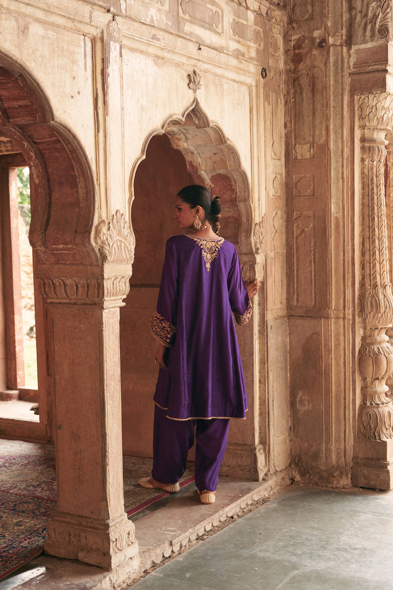 Marwa-Short Chauga With Salwar-Deep Purple upada silk kurta/kurta set by SHEETAL BATRA in purple for women in Singapore